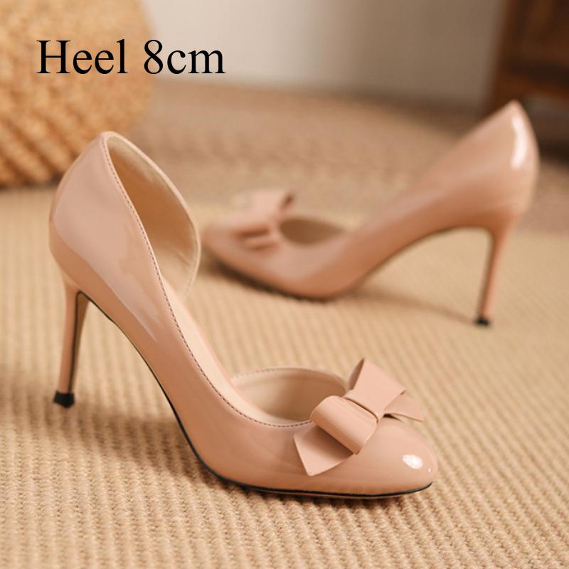 Women's Nude Side-opening High Heels with Stilettos, Beautiful and Elegant Patent Leather Bow Round-toed Single Shoes