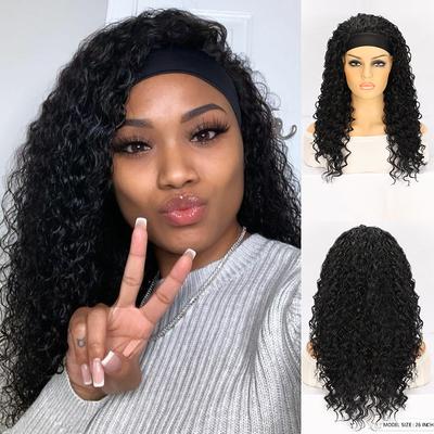 African Lady with Long Black Curly Hair Small Curly Hairband Ice Ribbon Wigs