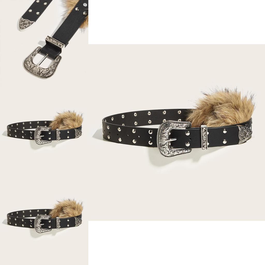 Pu Leather Wide Belt Artificial Fur Design And Carved Needle Buckle For Fashion Lovers