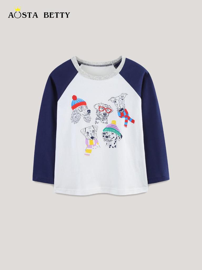 Autumn Color Block Cartoon Print Boys' Long-Sleeve T-Shirt Sweatshirt