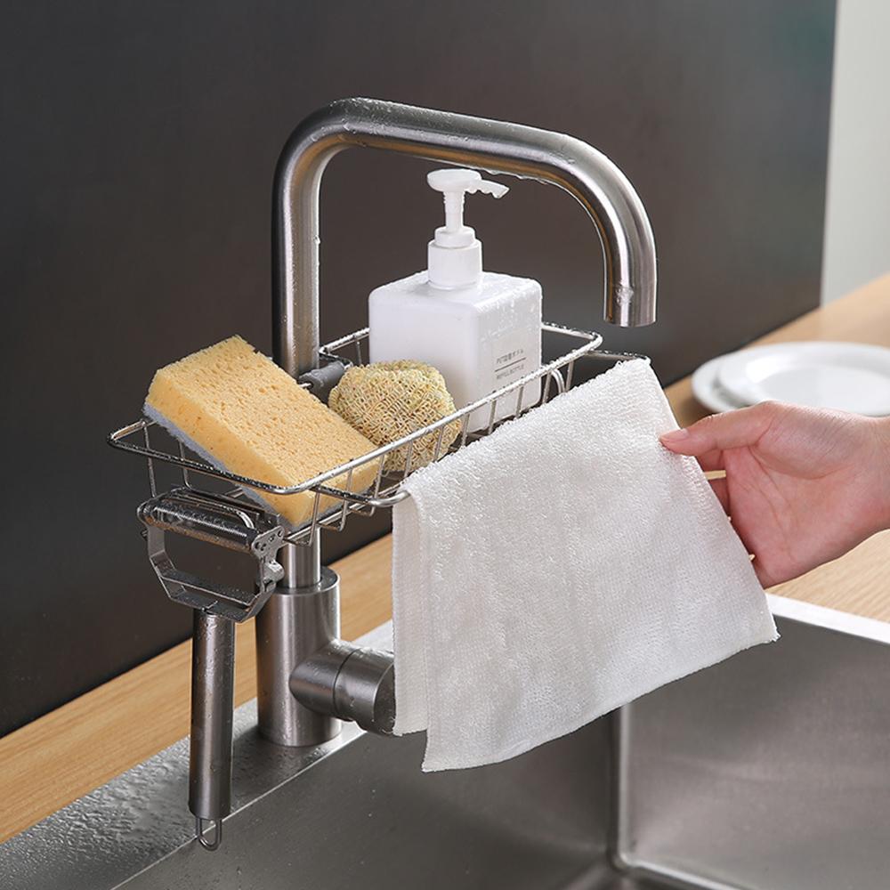 1pcs Stainless Steel Kitchen Sink Faucet Storage Racks Bathroom Adjustable Rag Sponge Draining Rack Shelves