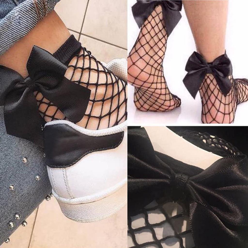 Women Fishnet With Bowknot Socks, Casual Thin Socks With Bow Cute Pantyhose, Lace Fishnet Mesh Nylon Socks (Black, 1 Pair)