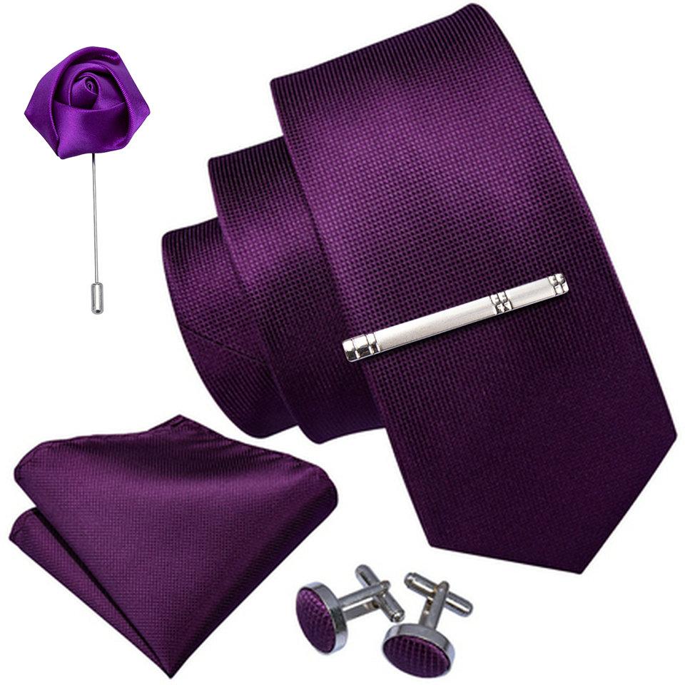 Barry, Wang Tie Set for Men Purple Paisley Silk Necktie Hanky Cufflinks Boutonniere Tie Clip Set