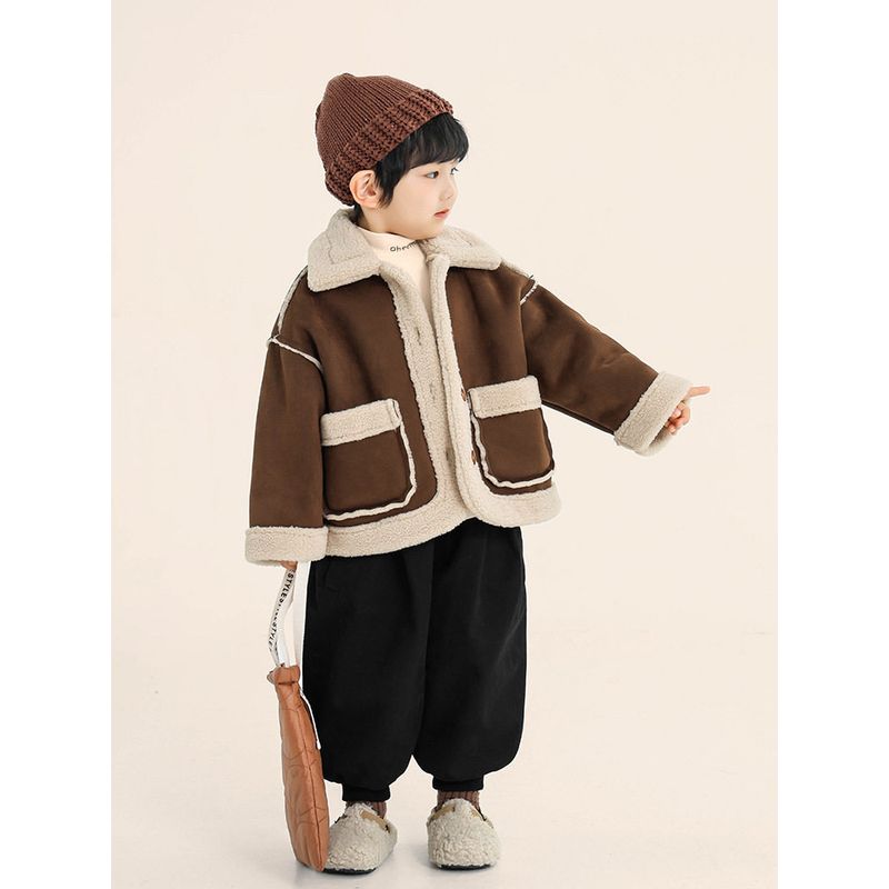 Children's Clothing, Boys' Fleece Jacket, Winter Kidsren's Fur Integrated Cashmere Cardigan, Single-Breasted Top for Small and Medium-Sized Kidsren
