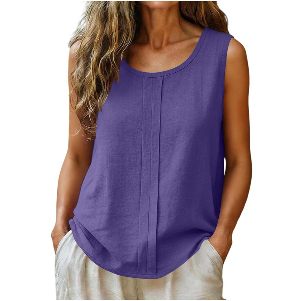 Women Sleeveless Linen Cotton Casual Tank Top Loose Fit Round Neck Lightweight Blouse for Summer Daily Wear