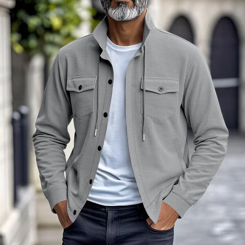 

Corduroy Men s Jacket Simple and Versatile Multi-pocket Stand-up Collar Long-sleeved Jacket 3XL сірий