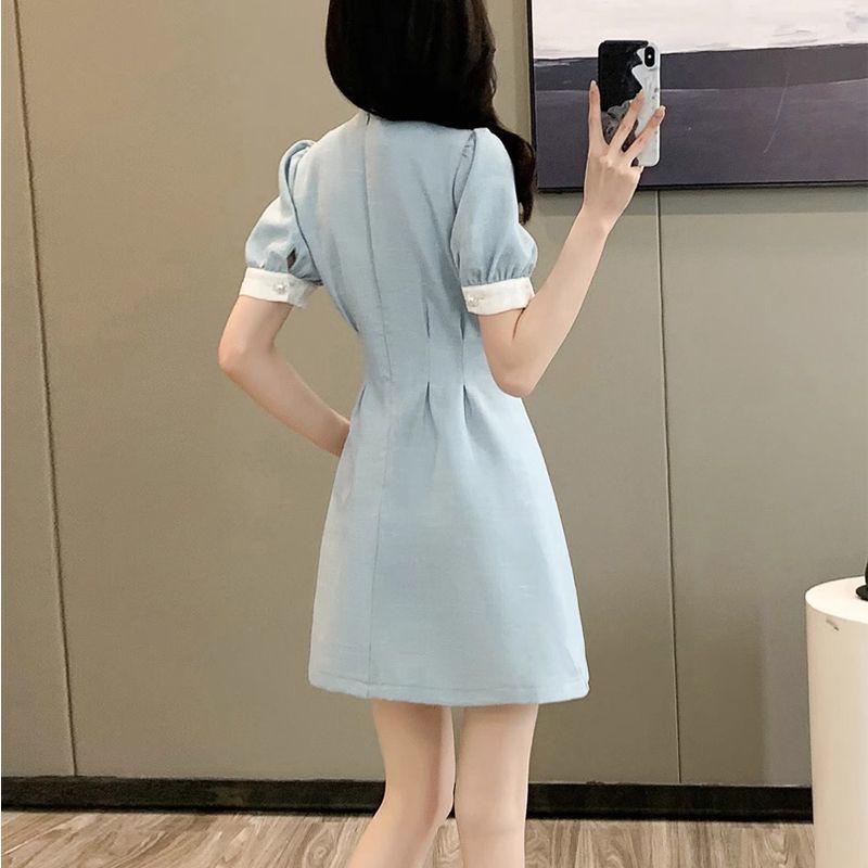 Women's Summer Princess Dress with Waist-Cinching Doll Collar and Short Sleeves
