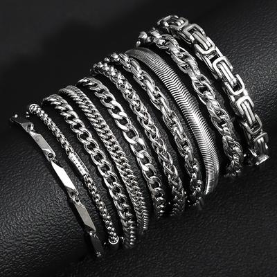10 Stück Herren-Verriegelungsarmbänder aus Edelstahl Rock-Stil Wasserdichter Schmuck Exquisites Geschenkset