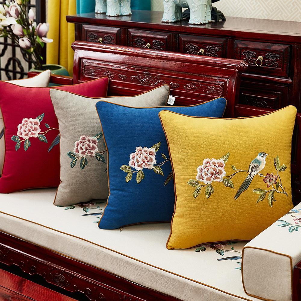New Chinese-style Redwood Sofa Throw Pillow Cotton and Linen Headboard Soft Cushion Embroidery Large Cushion Cover
