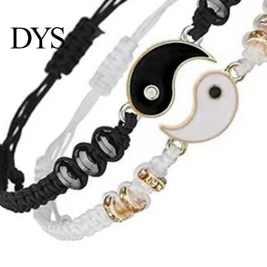 Vintage Bracelets 2Pcs Couple 2 Matching Yin Yang Hand Knitted Unisex Men Women Shiny Rhinestones Adjustable for Valentines Day Tai Chi