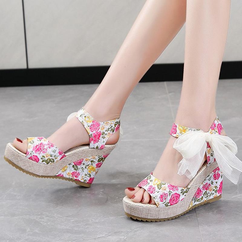 

Fashion Elegant Flower Print Open Toe Sandal Women Fashion Bow Knot Super High Heel Sandals Woman Party Wedding New Wedge Sandal Female 42 красный