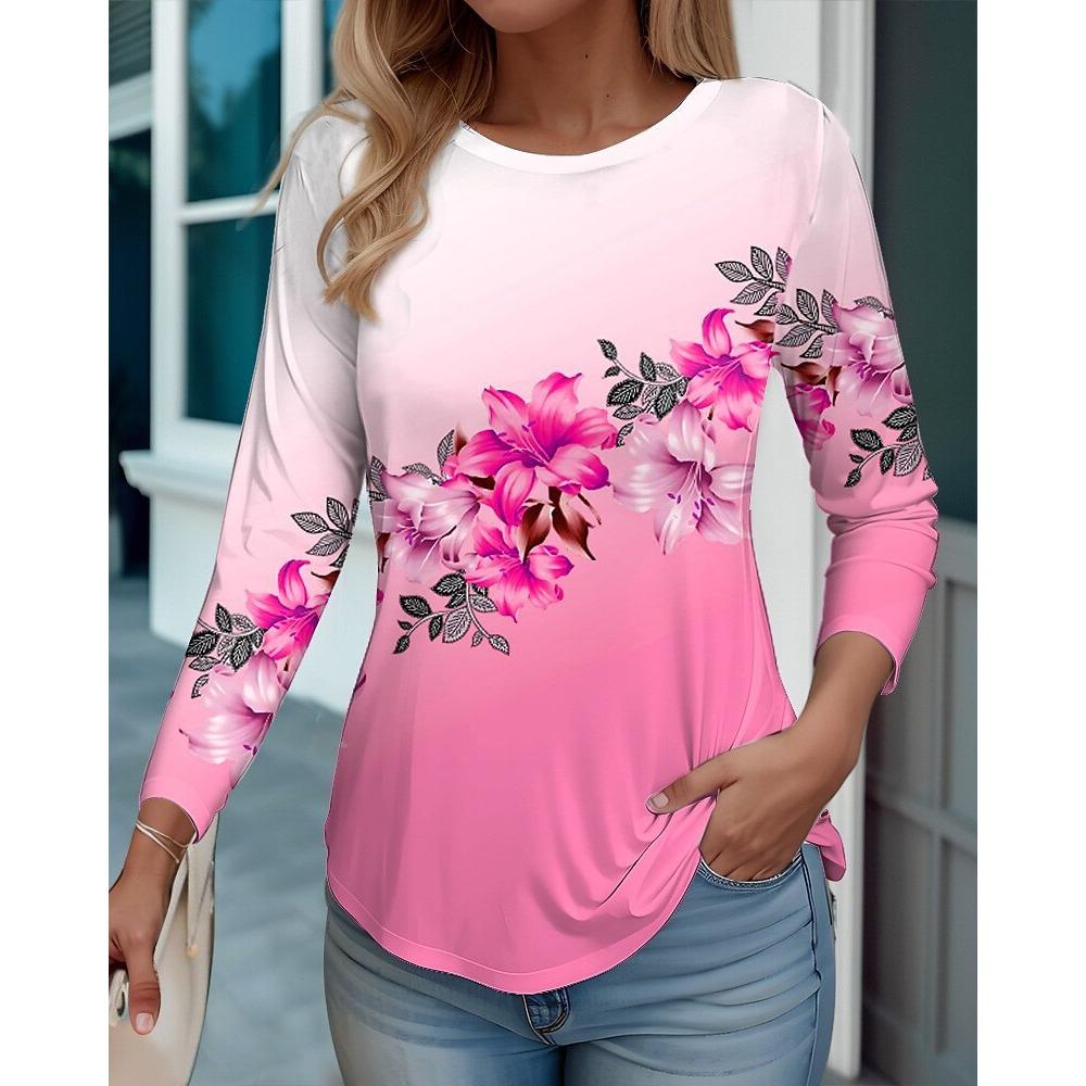 Frühlings- und Herbst-Rundhals-T-Shirts mit 3D-Blumenprint, modische, lässige Damen-Langarm-T-Shirts