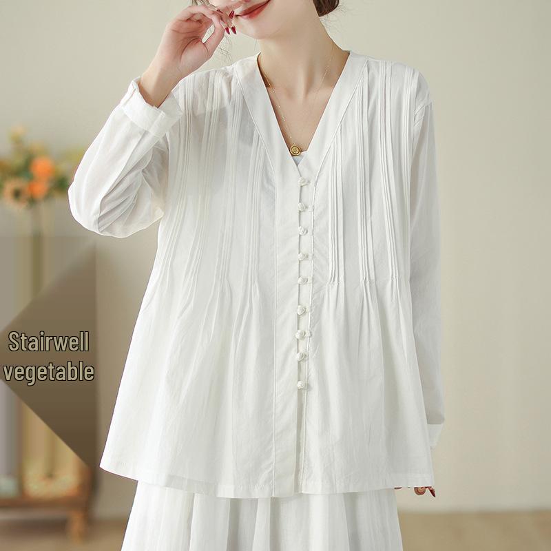 

Women s Blue V-Neck Cotton Linen Cardigan - New Chinese Style, Loose Fit, Slimming Design XXL білий