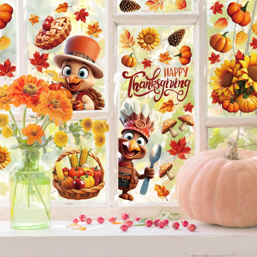 Thanksgiving Window Clings, 3D 8 Sheets Fall Window Clings Double Sided Turkey Pumpk Window Stickers for Glass Window Thanksgiving Fall Decorations