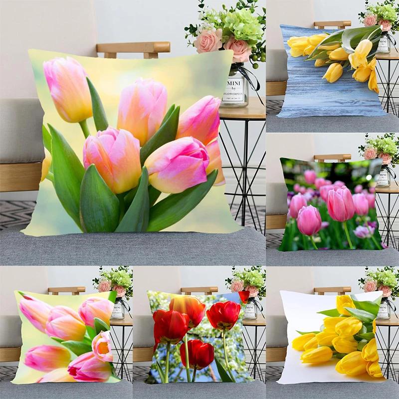 Tulip Flower Pillowcase Bedroom Home Office Decorative Square