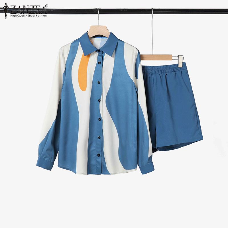 

ZANZEA Women Long Sleeve Stripe Blouse and Shorts Summer Two Piece Suit Sets S синий