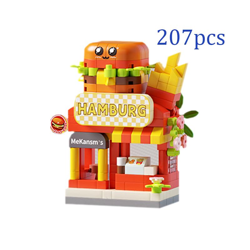 Restaurant Dessert Coffee Fruit Flower Store Snack Street View Cake Food House Building Blocks Kits Girls Bricks Model Kids Toys