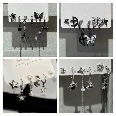 6pcs Set Personality Trend Dark Butterfly Heart Star Cross Tassels Zircon Stud Earrings for Women Hip-hop Rock Y2K Jewelry Gift