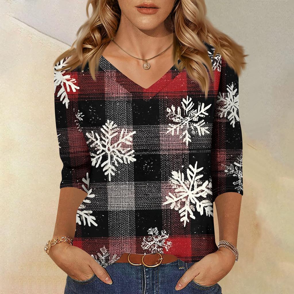 Women's T Shirt CHristmas Print 3/4 Sleeve Daily Weekend Fashion Basic V- Neck Regular Top