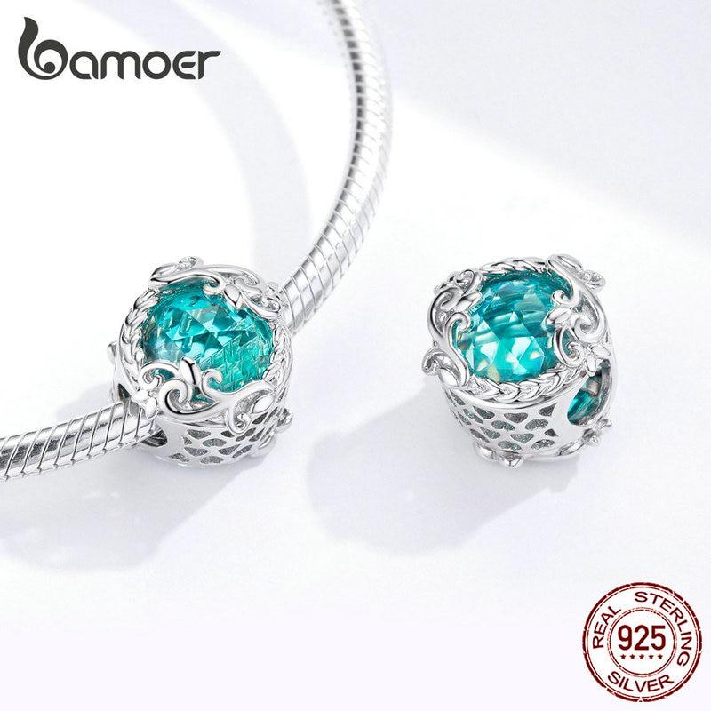 BAMOER 925 Silver Winding Blue Round Beads for Jewelry Making Blue Glass Crystal Charm Fit Bracelet