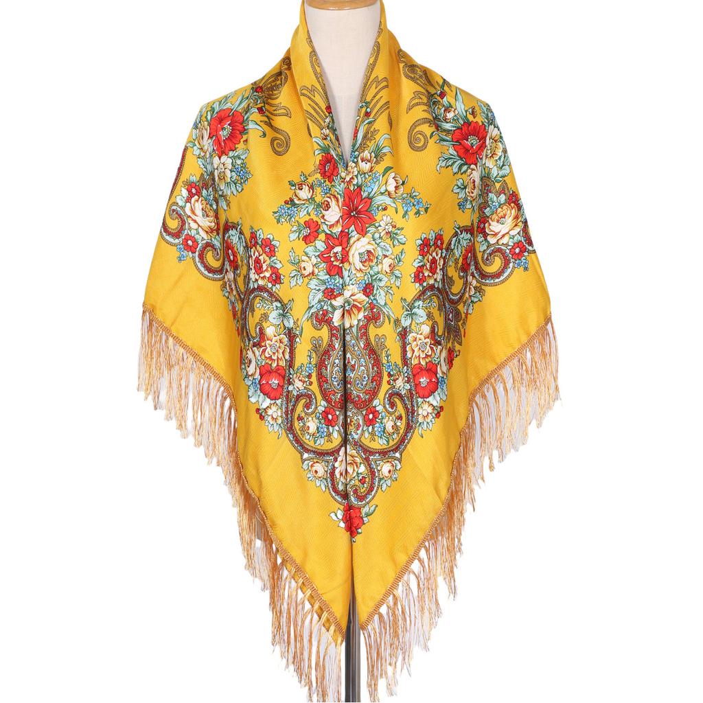 130*130cm Women Luxury Floral Print Square Scarves Russian National Fringed Shawl Traditional Ukrainian Babushka Head Wraps