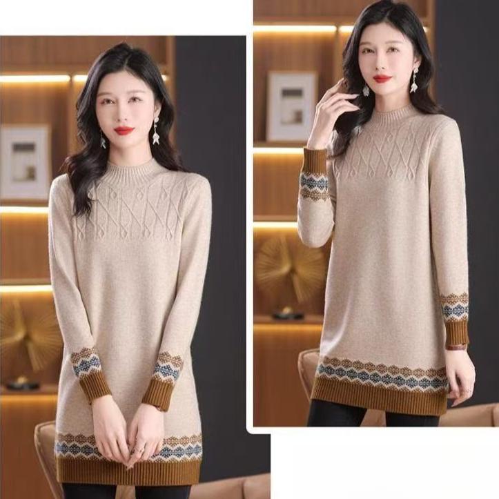 Mid-length Knitted Sweater for Women Half Turtleneck Sweater Thick Pullover Loose Top