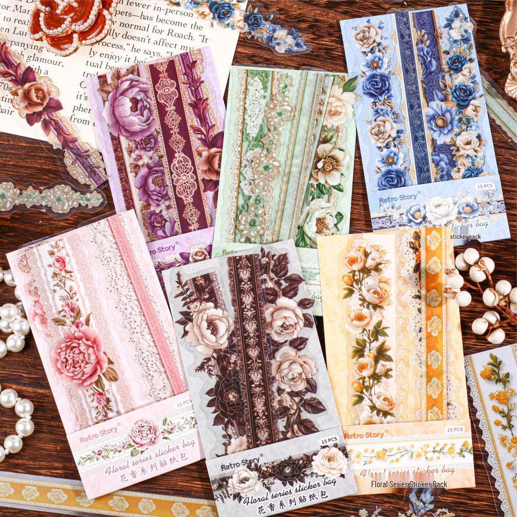 RetroStory Floral Lace Trim PET Stickers for Scrapbooking and Journaling