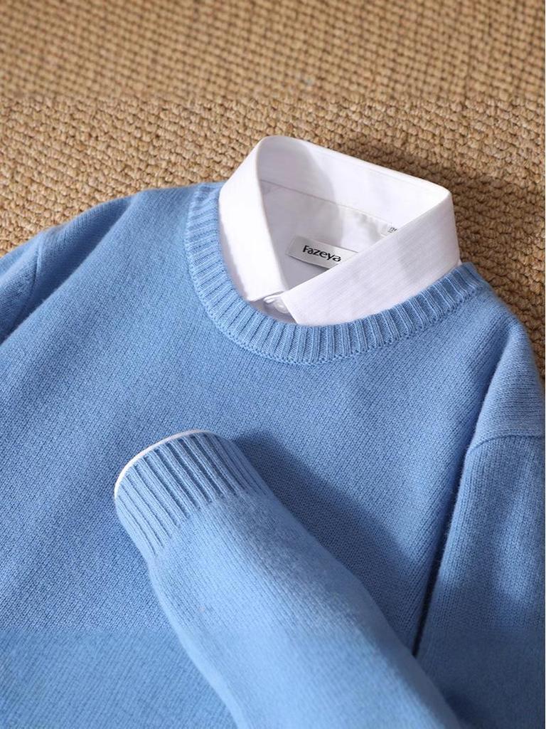 Men's Pure Wool Thickened Winter Pullover - Color Block Round Neck Cashmere Sweater