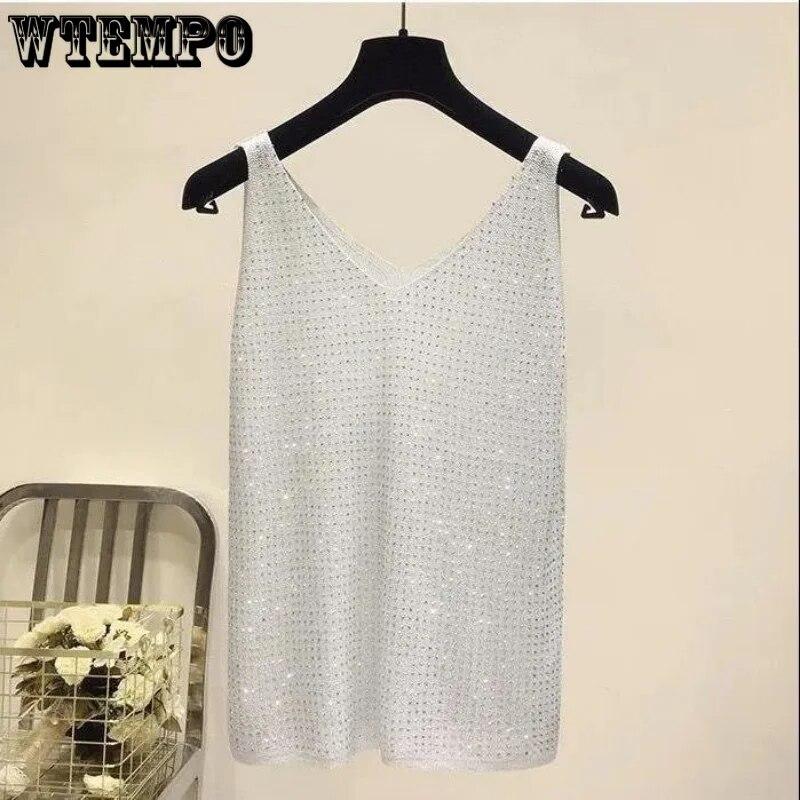 Summer Women's Ice Silk Diamond Camisole Loose Sleeveless V-neck Bottoming Shirt Tank Crop Tops