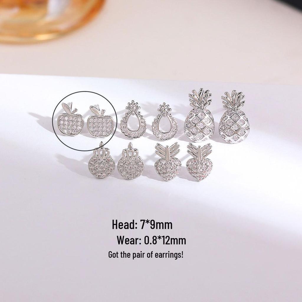 High-Grade Copper & Gold Plated Earrings: Diamond-Studded Apple, Pineapple, Crown, Pear Designs for Women