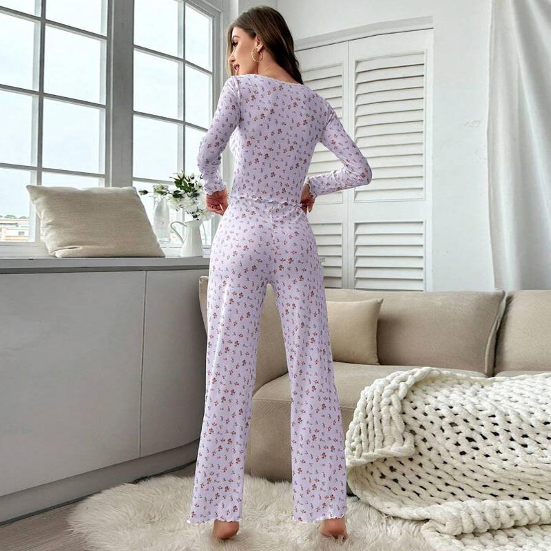 2Pcs/set Fancy Underwear Women's Homewear Lace Long-sleeved Trousers Stretch College Students Home Wearable Pajamas for Women
