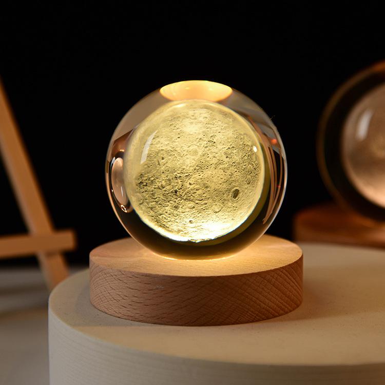 3D Art Nebula Laser Carving Solar System Moon Planet Nights Lamp LED Glowing Crystal Glass Globe Ball Wood Base Night Light
