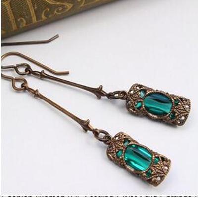 Bijoux en Alliage de Zinc pour Femmes Forme Cylindrique Verre Vert Vintage Crochet Boucles d'Oreilles Pendantes Accessoires