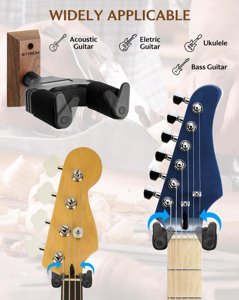 STRICH Guitar Hanger Wall with Suitable for and More of Hooks, Mount, Auto-Locking, Screws, Guitars, Basses, Ukuleles, (Set 2)