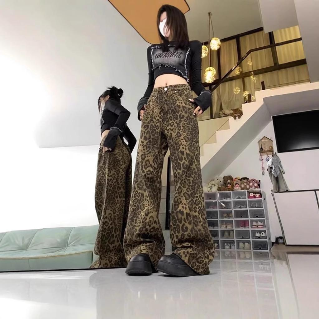 American retro leopard print jeans women's straight tube loose casual hip-covering design sense niche pear-shaped body wide-leg pants