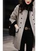 Women's Retro Double-Breasted Color Block Wool Coat - Mid-Length, Small Lapel, Spring/Autumn Fashion