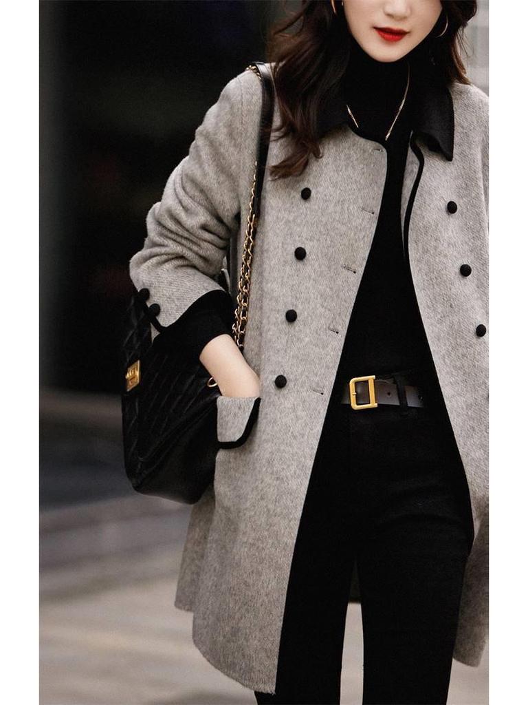 Women's Retro Double-Breasted Color Block Wool Coat - Mid-Length, Small Lapel, Spring/Autumn Fashion