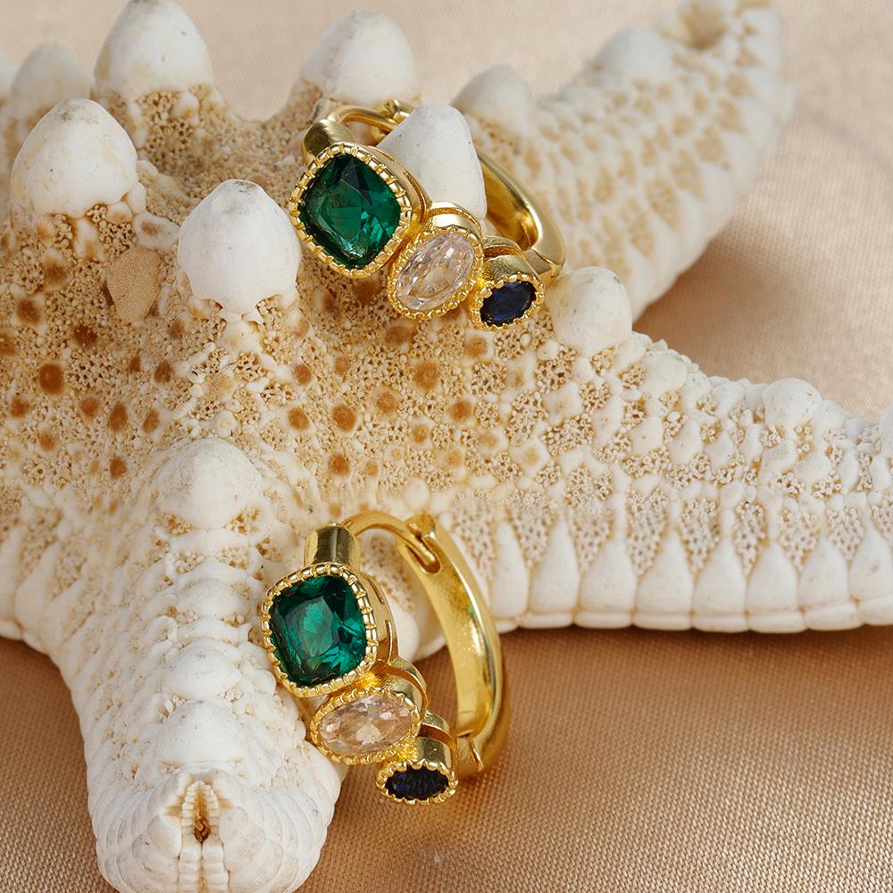 Vintage Gold Color Stainless Steel Circle Hoop Earrings Fashion Green White Blue Cubic Zirconia Circle Earrings Trendy Jewelry