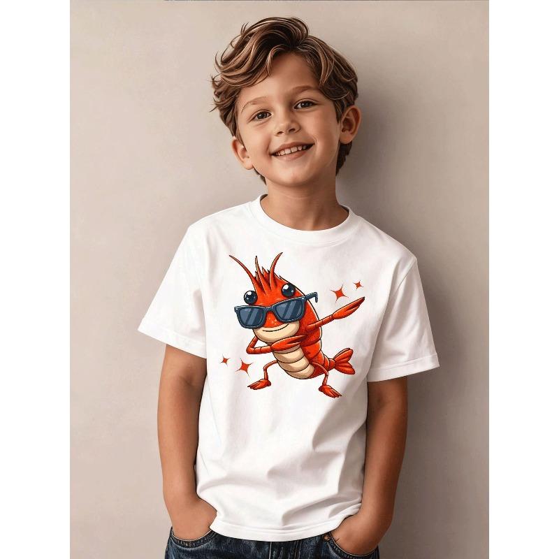 Boys Summer Crew Neck Short Sleeve T-Shirt with Cartoon Crayfish Print 110 белый
