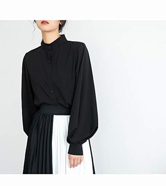 Lopuks Volume Sleeve Shirt Long Women's Blouse, Sleeve, Figure-Flattering (Black, L)