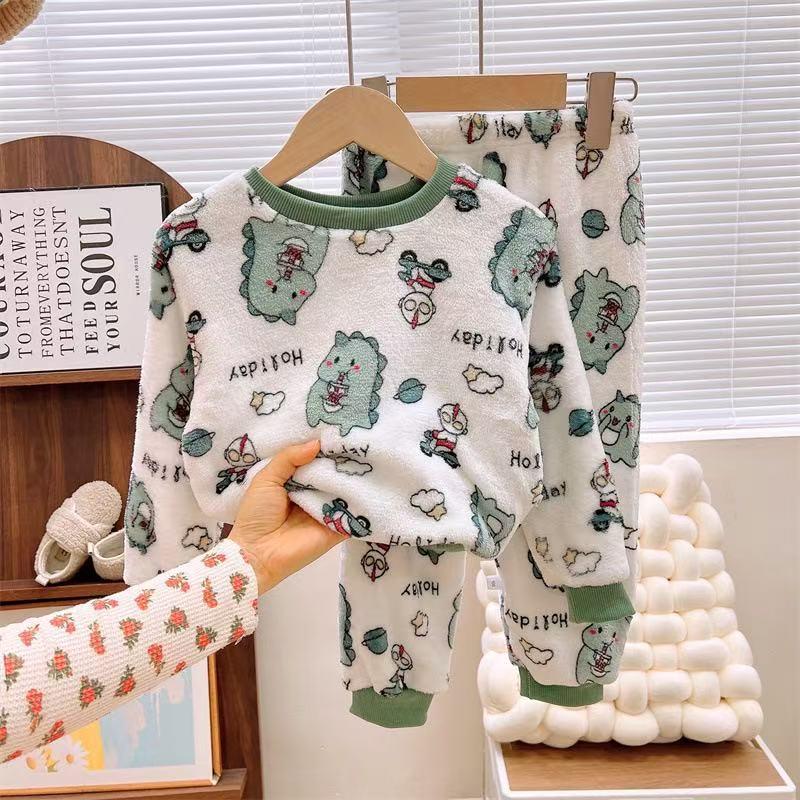 Children's Coral Fleece Flannel Pajamas - Cartoon Round Neck, Thickened Velvet Set for Boys, Girls, Babies