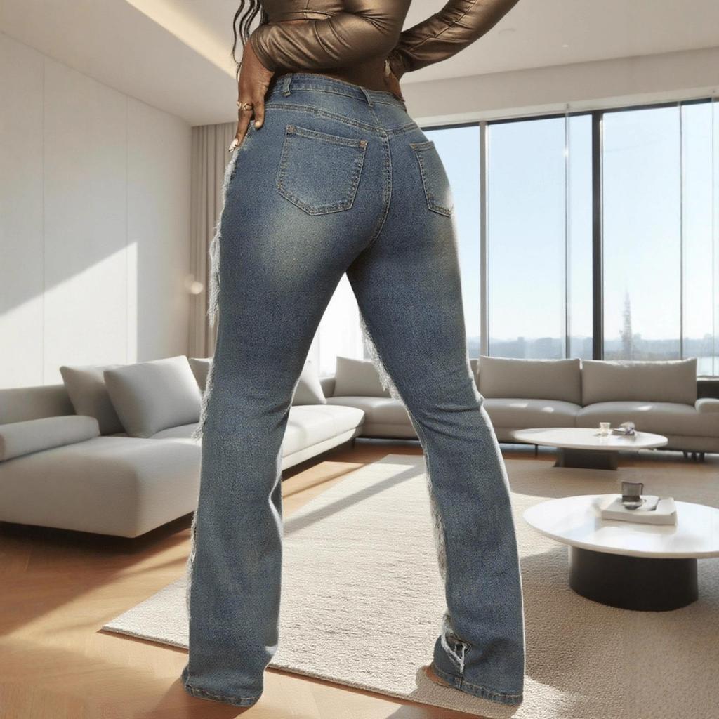 New Women's High Waist Flare Jeans, Distressed Wrapped Design Retro Bell Bottom Pants with Slimming Effect, Ins Style Streetwear Denim Trousers