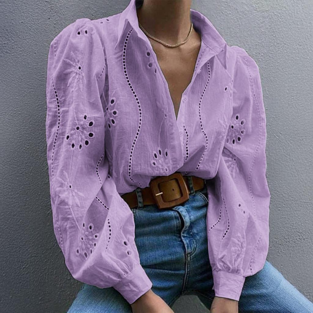 Women Fashion Crochet Lace Shirts Long Puff Sleeve Casual Flower Embroidery Buttons Down Blouse Tops Office Lady
