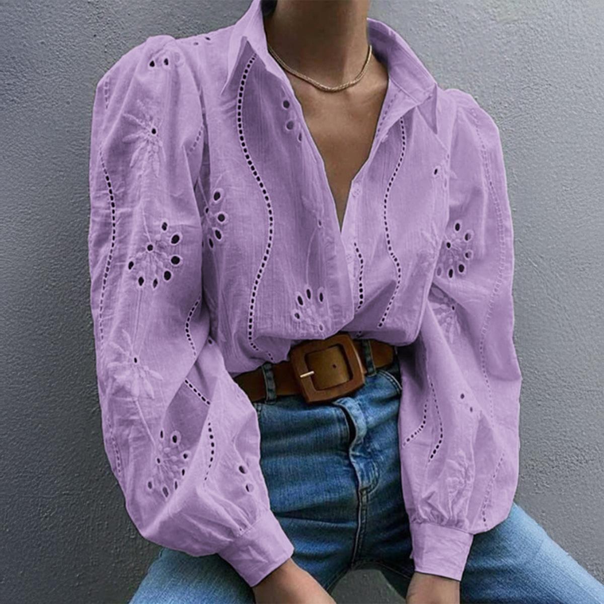 

Женская мода, вязаные крючком кружевные рубашки с длинными пышными рукавами, повседневная блузка на пуговицах с цветочной вышивкой, топы, офисные женские туфли XS фиолетовый