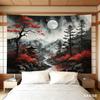 Japanese Ink Landscape Tapestry Red Maple Moonlit Temple Polyester Wall Hanging for Living Room Bedroom Asian Art Mountain Riv