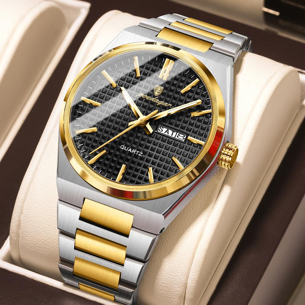 POEDAGAR Luxe Herenhorloge Datum Week Waterdicht Lichtgevend Roestvrij Staal Horloge voor Man Casual Kwarts Horloges Mannelijk Sport+Doos
