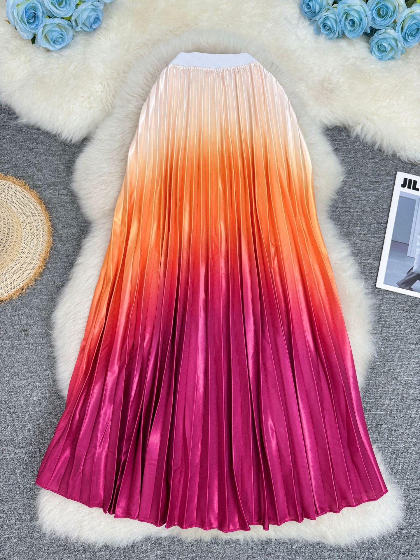 

European & American Gradient Rainbow Pleated Midi A-line Skirt for Women - Versatile Slimming Style One Size