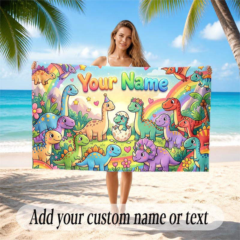 Dinosaur Theme Quick Dry Beach Towel Custom Name Text Print Large Sand Resistant Towel Beach Vacation