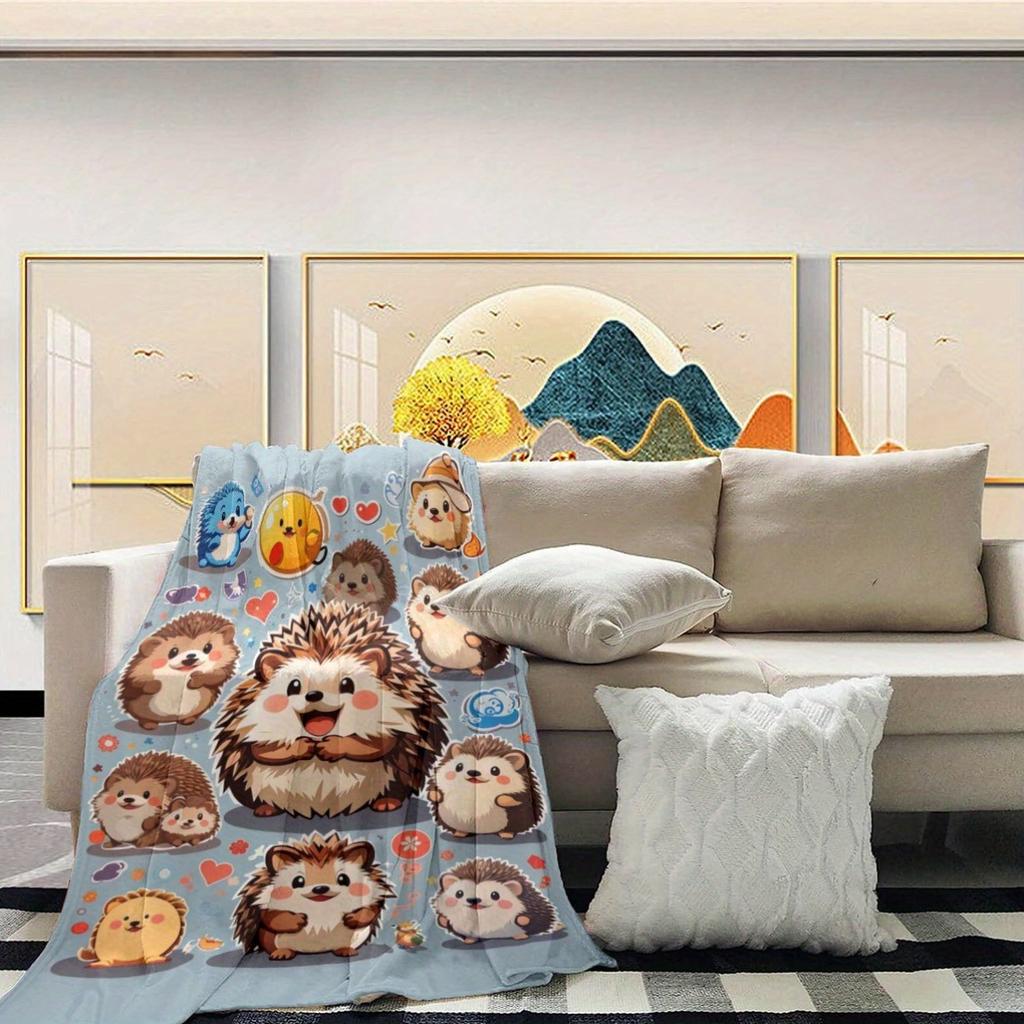 Cartoon hedgehog and heart pattern Flannel printed blanket suitable for all seasons suitable for living room office sofa travel