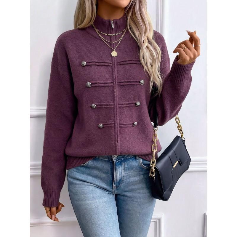 Womens Knit Cardigan Fall Winter Stand Collar Double Zip Sweater Coat Solid Color Loose Fit